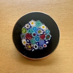 Vintage Round Glass Millefiori Floral Cabochon Pin - Black Background